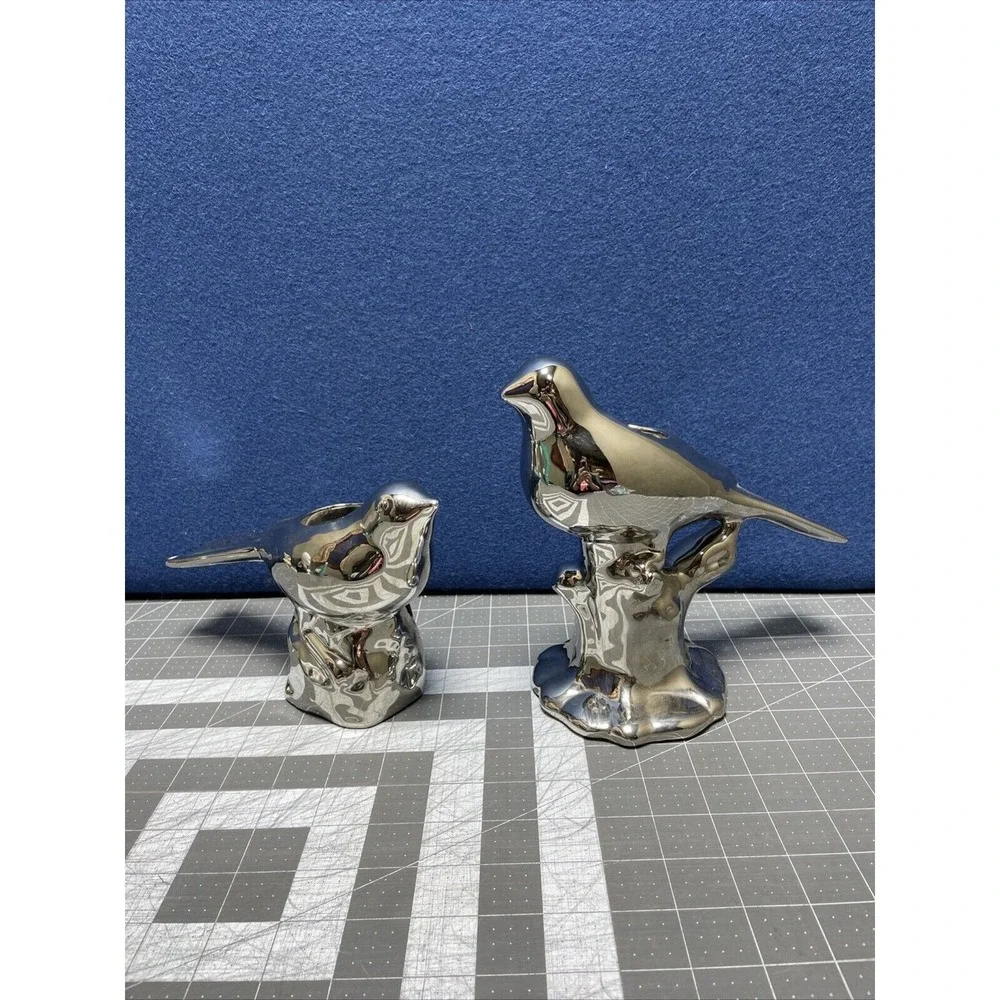 Bird Pair Ceramic Chrome Silver Mirror Finish Figurine Home Decor Style Lot Of 2